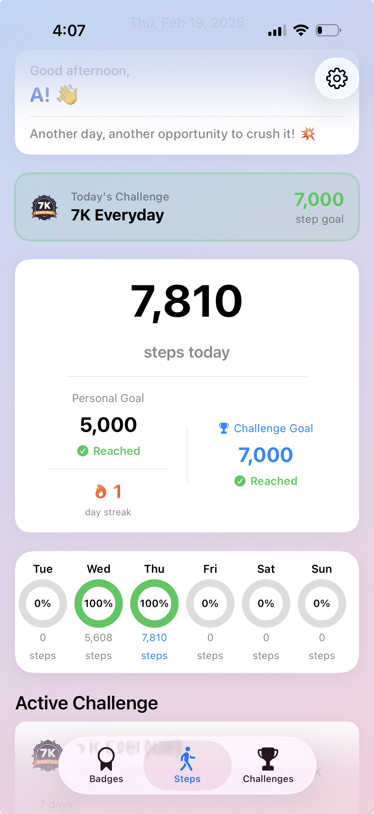 The Daily Steps app showing step count and weekly progress